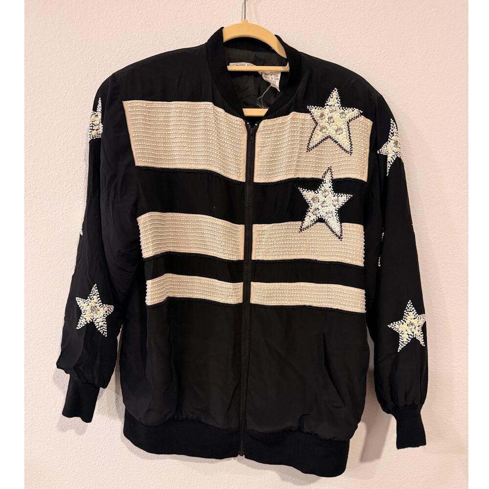 Marc D'Alcy Vintage Beaded Star Black Bomber Jacket - Small